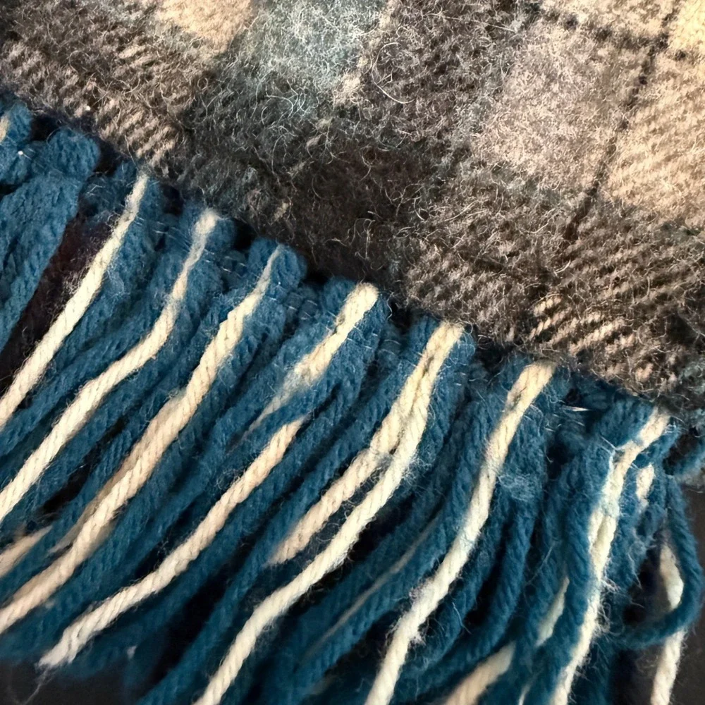 Vintage Plaid Fringe Scarf Blue Gray Cream Wool Blend Winter Accessory